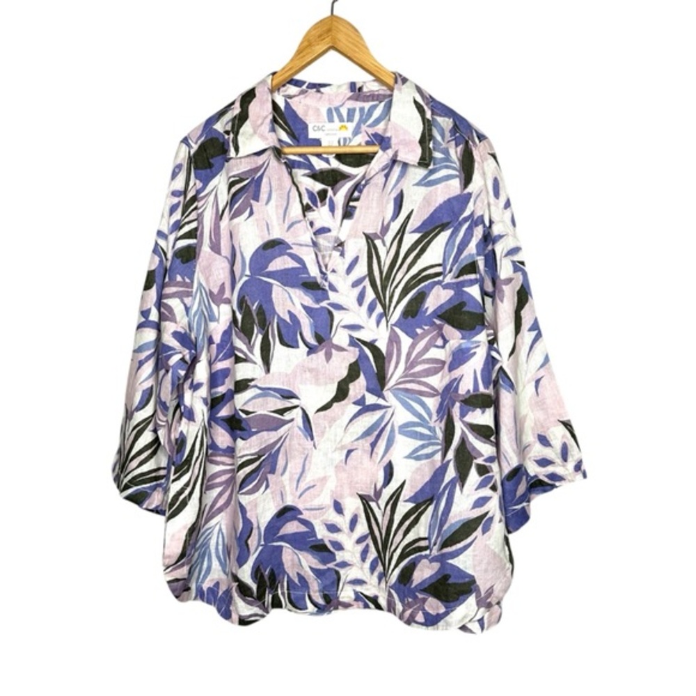 C&C California Women's 100% Linen Blouse Top 1X Pink Purple Floral 3/4 Sleeve‎